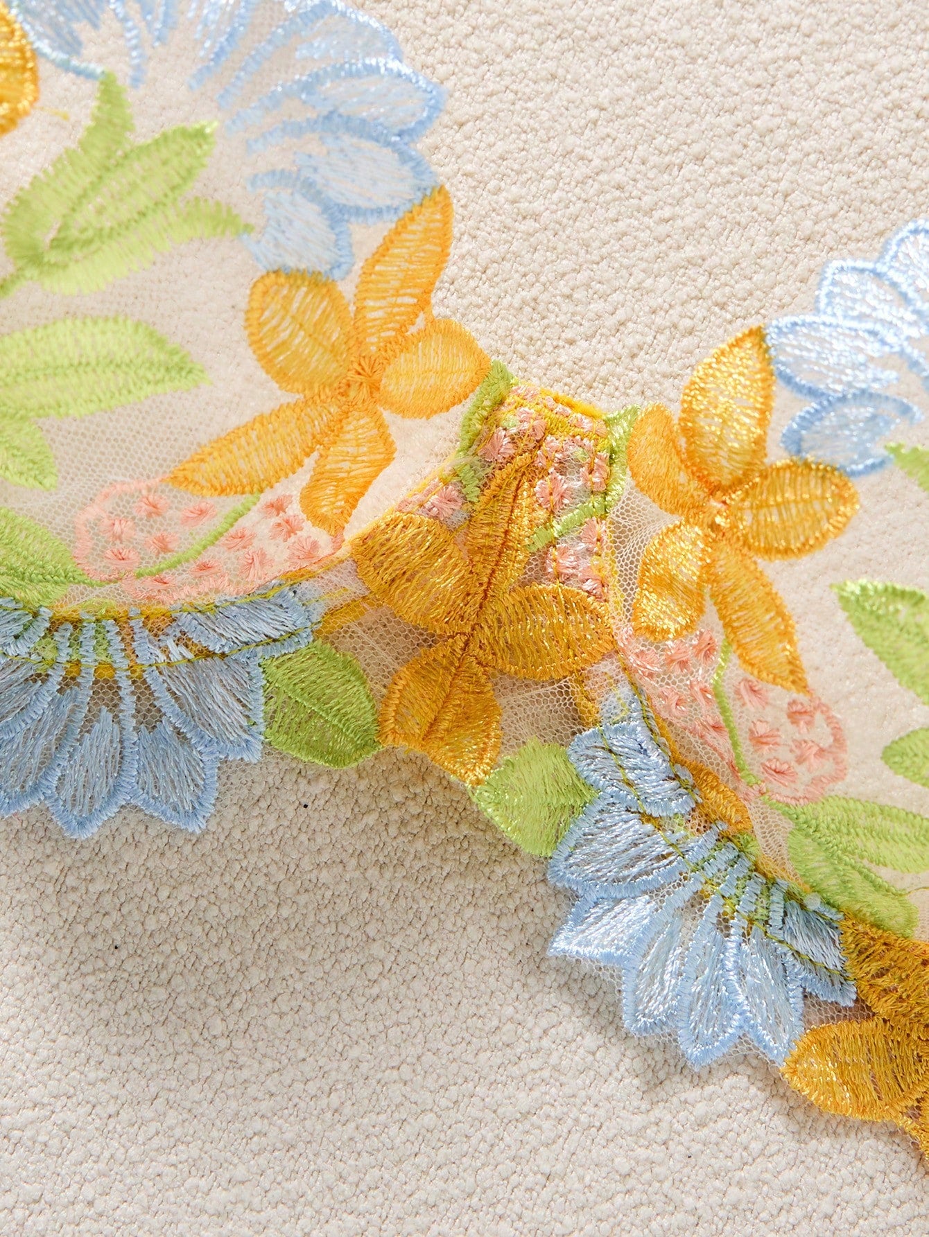 Women’s Yellow Floral Embroidery Bra & Thong Lingerie Set – 2 Pcs