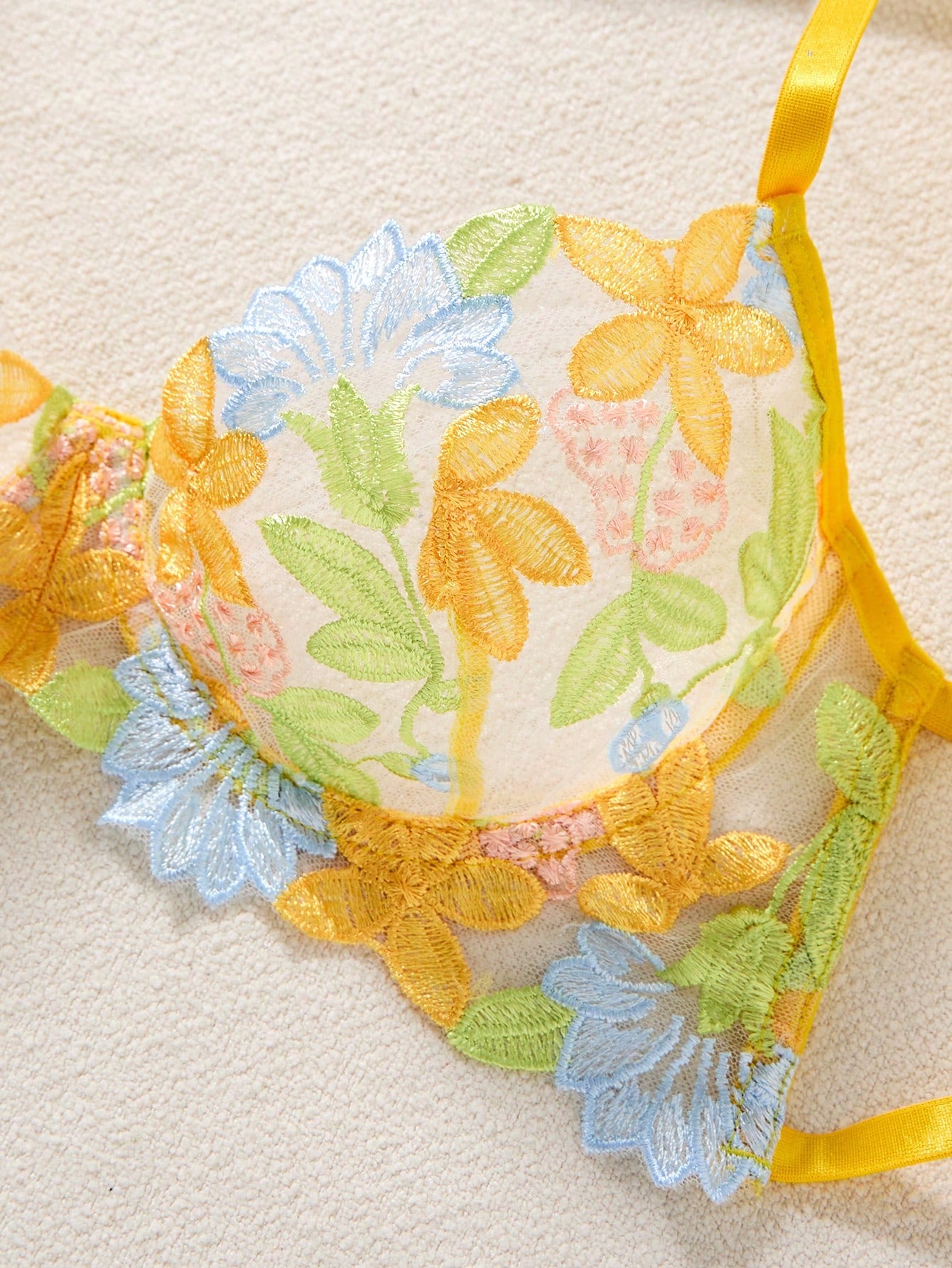 Women’s Yellow Floral Embroidery Bra & Thong Lingerie Set – 2 Pcs