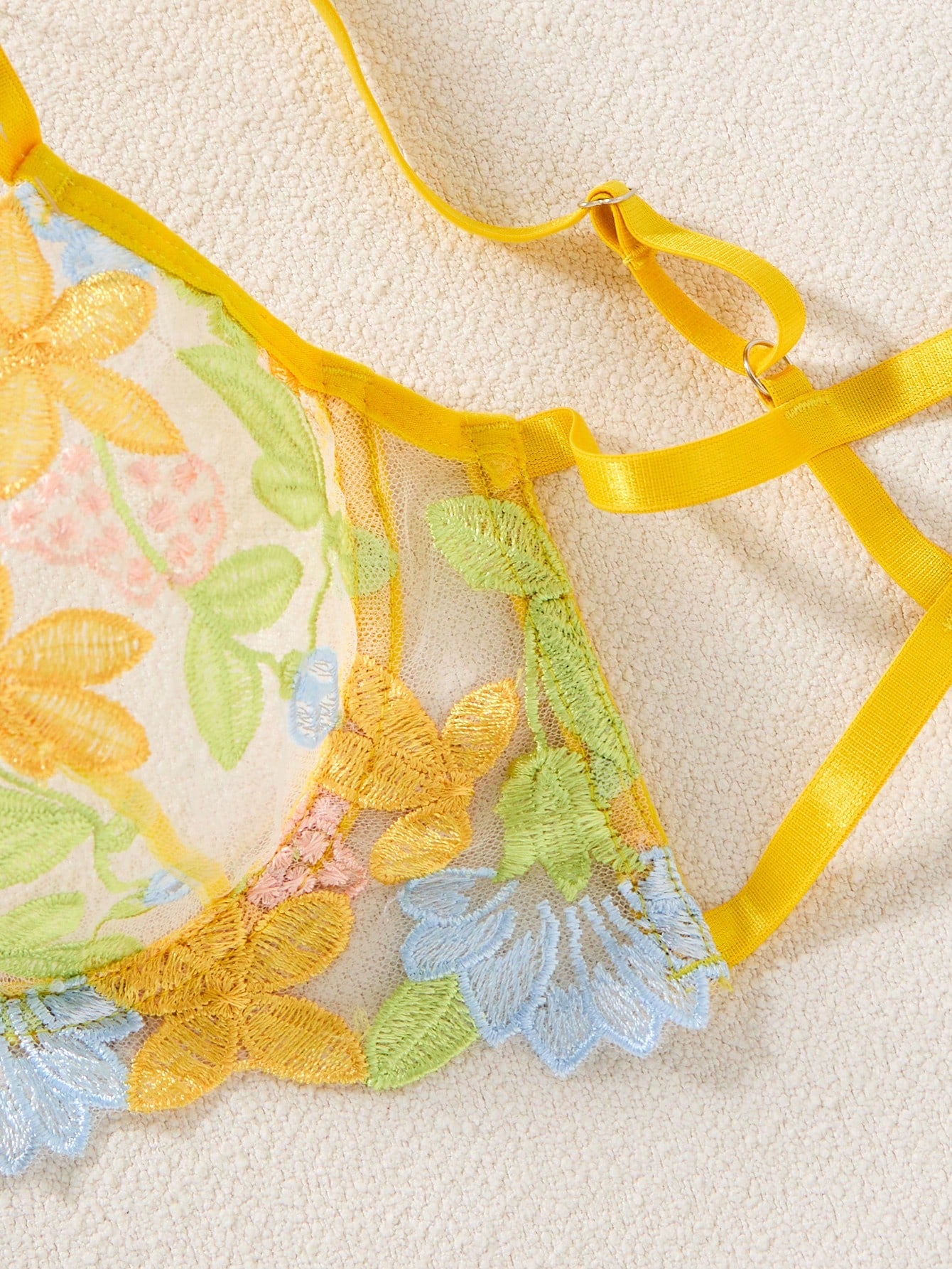 Women’s Yellow Floral Embroidery Bra & Thong Lingerie Set – 2 Pcs
