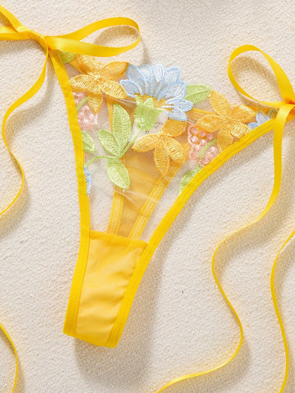 Women’s Yellow Floral Embroidery Bra & Thong Lingerie Set – 2 Pcs