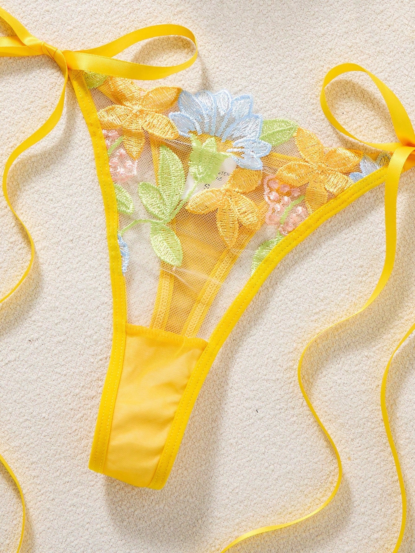 Women’s Yellow Floral Embroidery Bra & Thong Lingerie Set – 2 Pcs