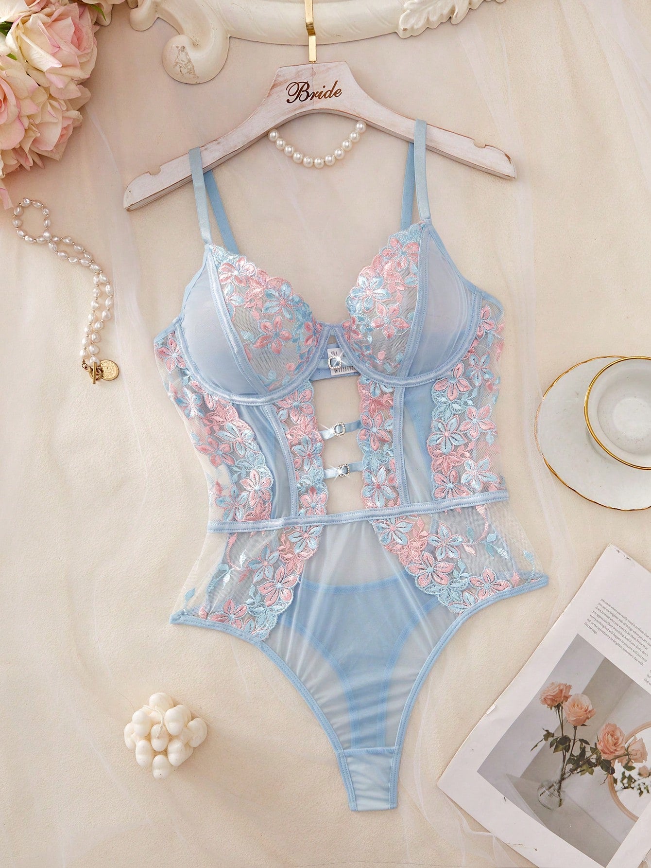 3 Pcs Women’s Floral Embroidered Mesh Lace Bodysuit