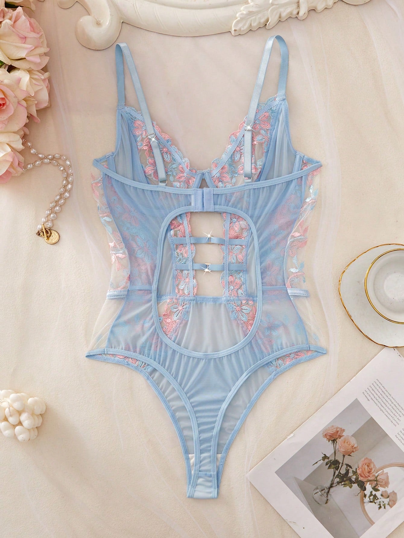 3 Pcs Women’s Floral Embroidered Mesh Lace Bodysuit