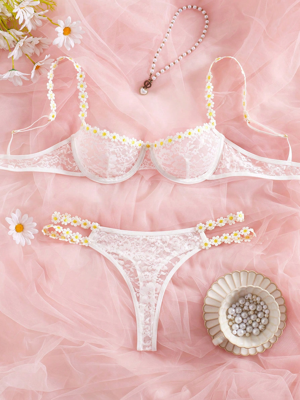Women's Sexy Sheer Hollow Lace Floral Embroidered Daisy Underwire Bridal Lingerie Set