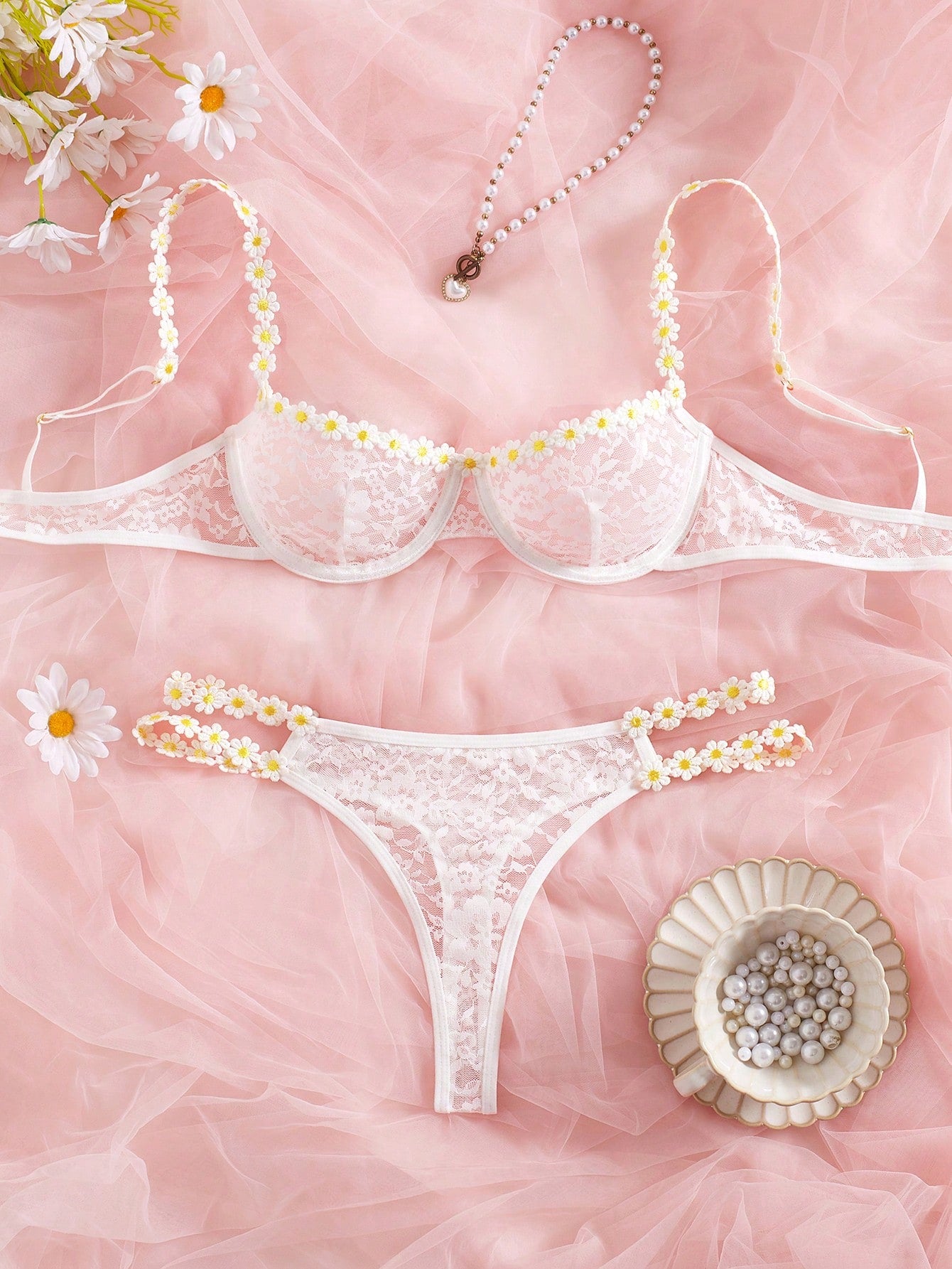 Women's Sexy Sheer Hollow Lace Floral Embroidered Daisy Underwire Bridal Lingerie Set