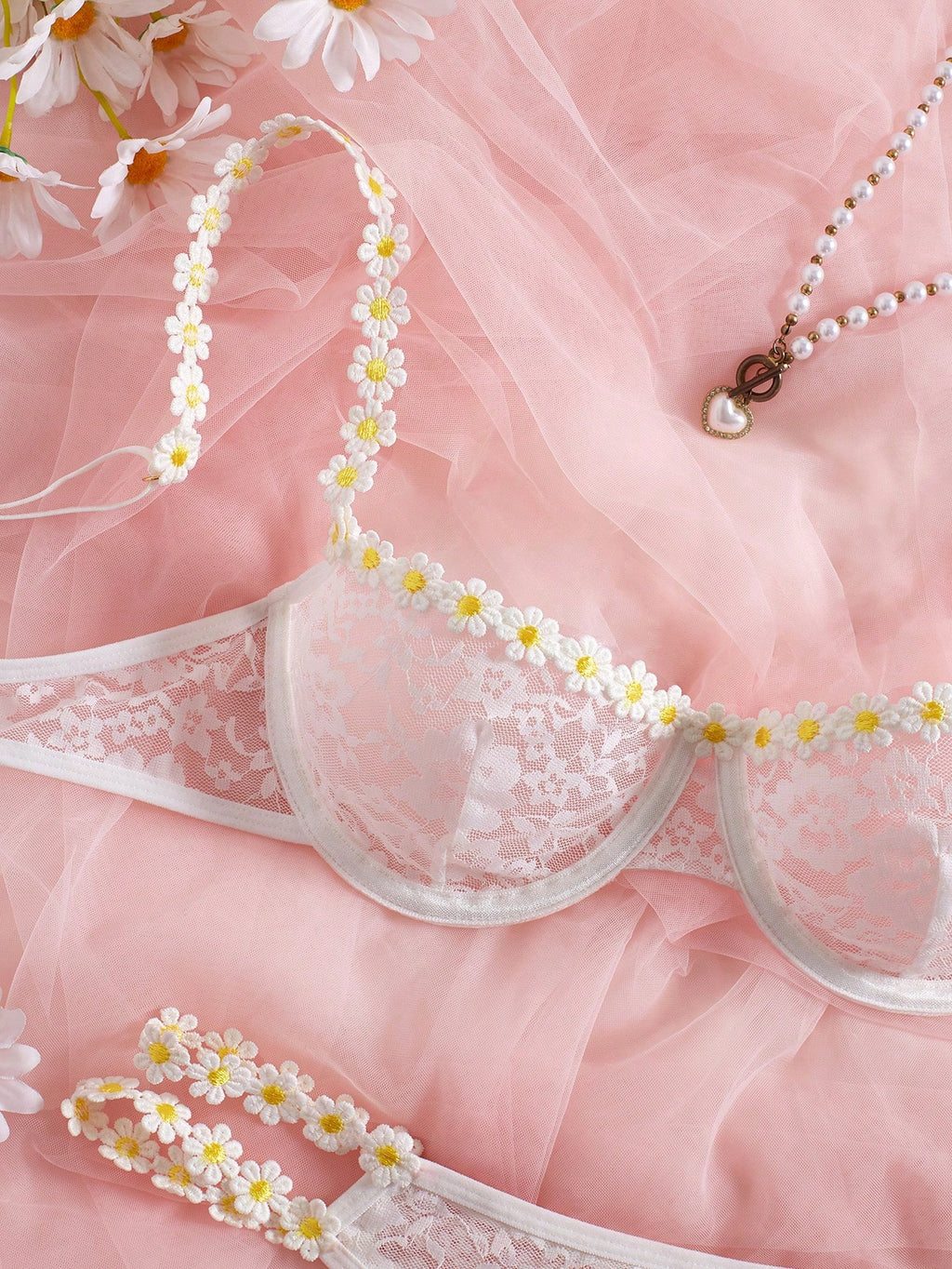 Women's Sexy Sheer Hollow Lace Floral Embroidered Daisy Underwire Bridal Lingerie Set