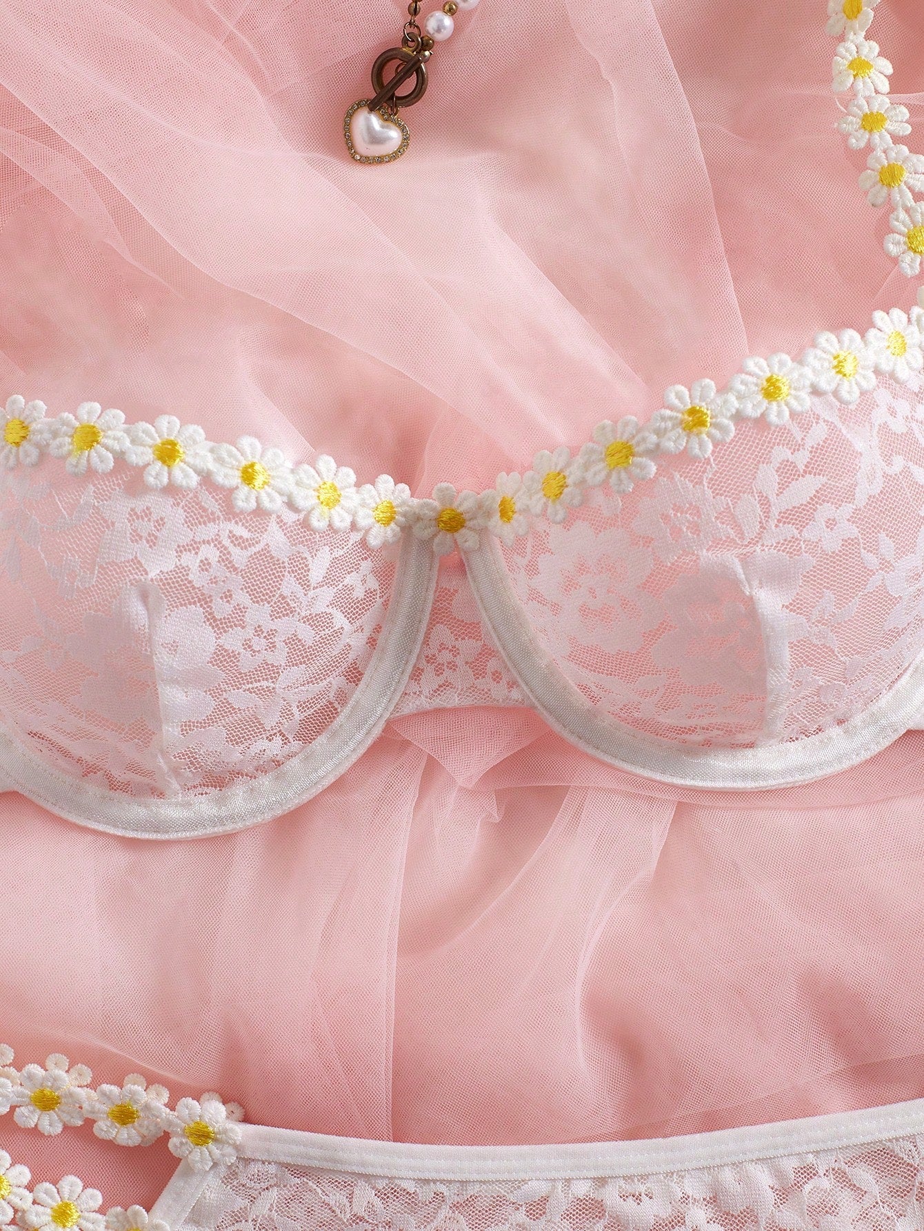 Women's Sexy Sheer Hollow Lace Floral Embroidered Daisy Underwire Bridal Lingerie Set
