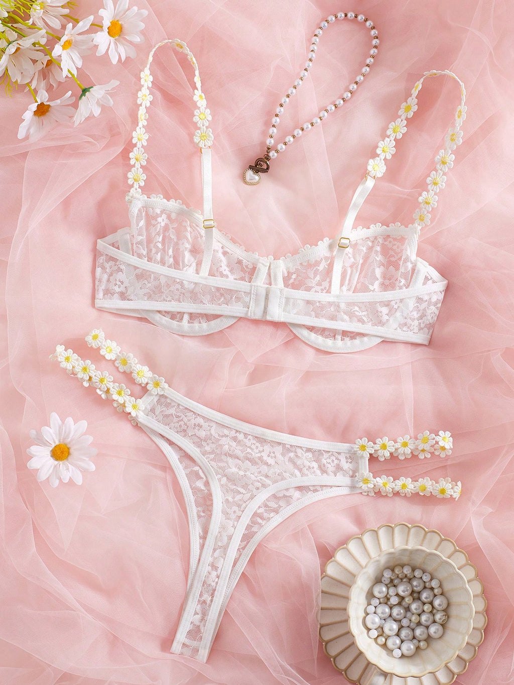 Women's Sexy Sheer Hollow Lace Floral Embroidered Daisy Underwire Bridal Lingerie Set