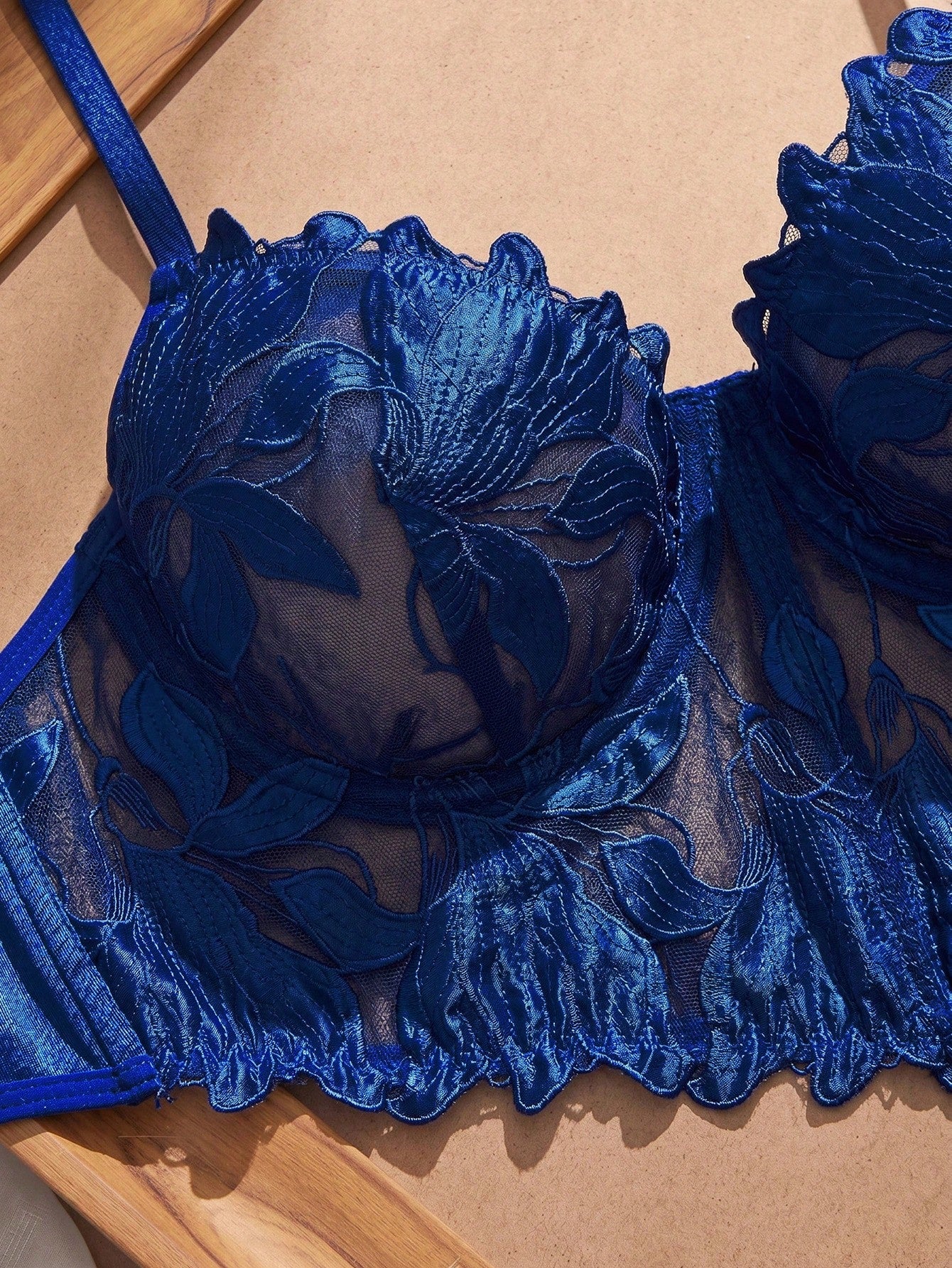 Bridal Lingerie Set Lace Satin Fabric + Floral Lace Embroidery Bustier Bra Low-Waist Ruched Panty