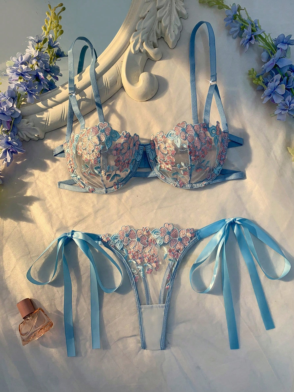 Crystal Vow Women’s Sky Blue Embroidered Lingerie Set – 2 Pcs