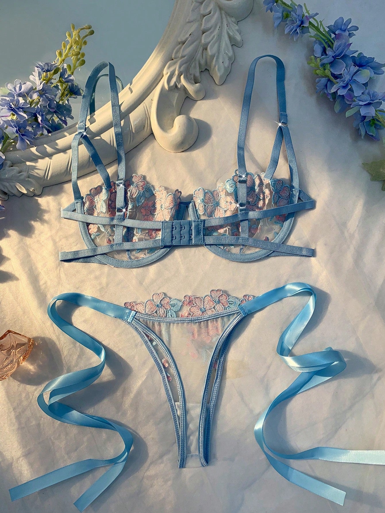Crystal Vow Women’s Sky Blue Embroidered Lingerie Set – 2 Pcs