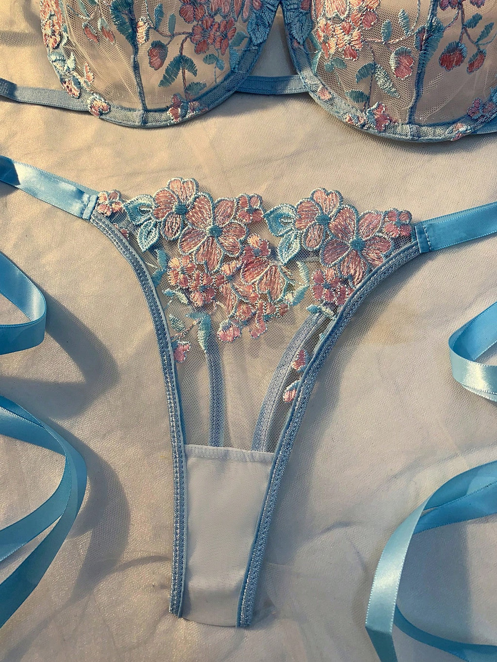 Crystal Vow Women’s Sky Blue Embroidered Lingerie Set – 2 Pcs