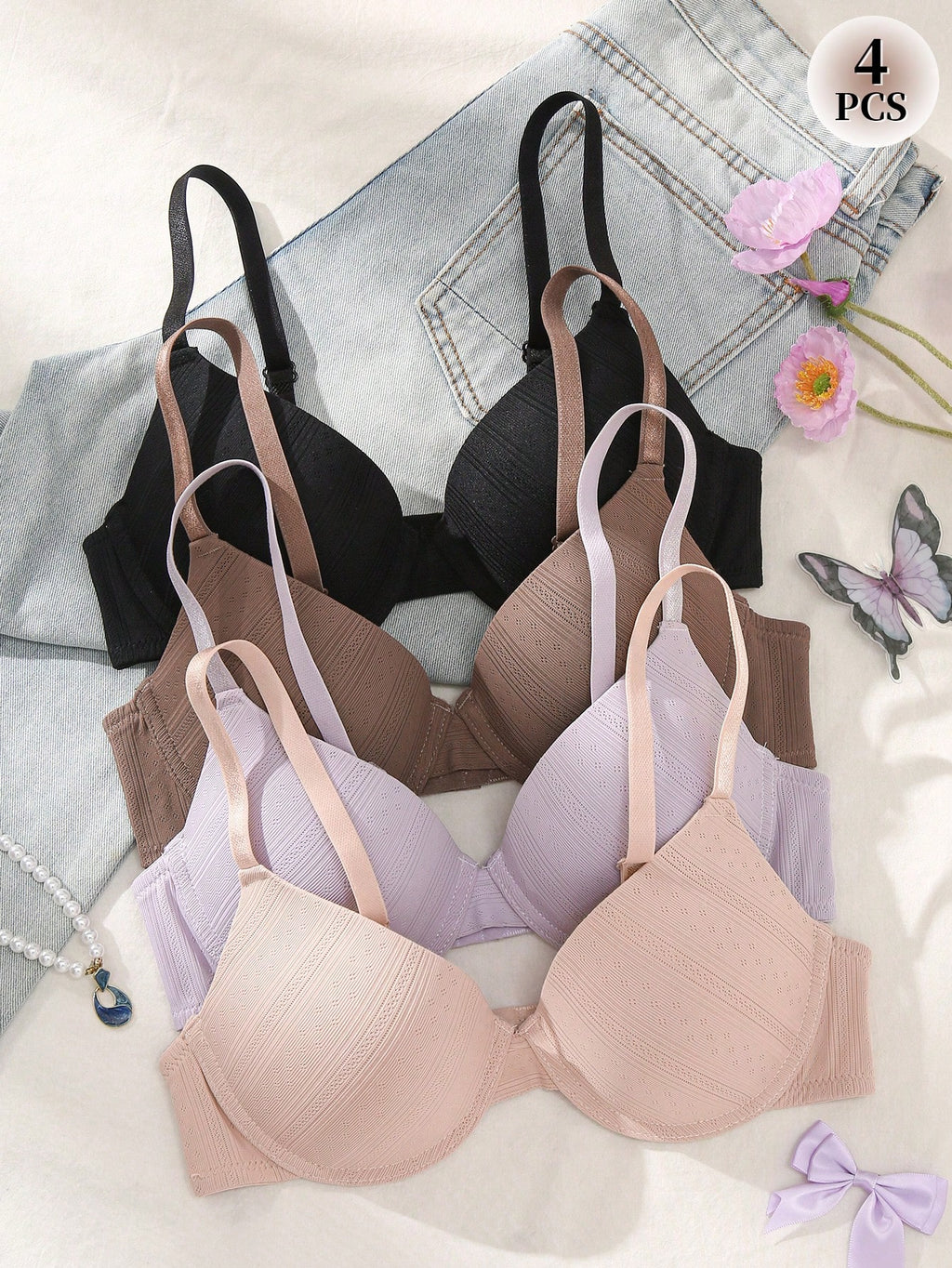 4pcs Women's High Quality Underwire Casual Comfortable Push-Up Bra Set