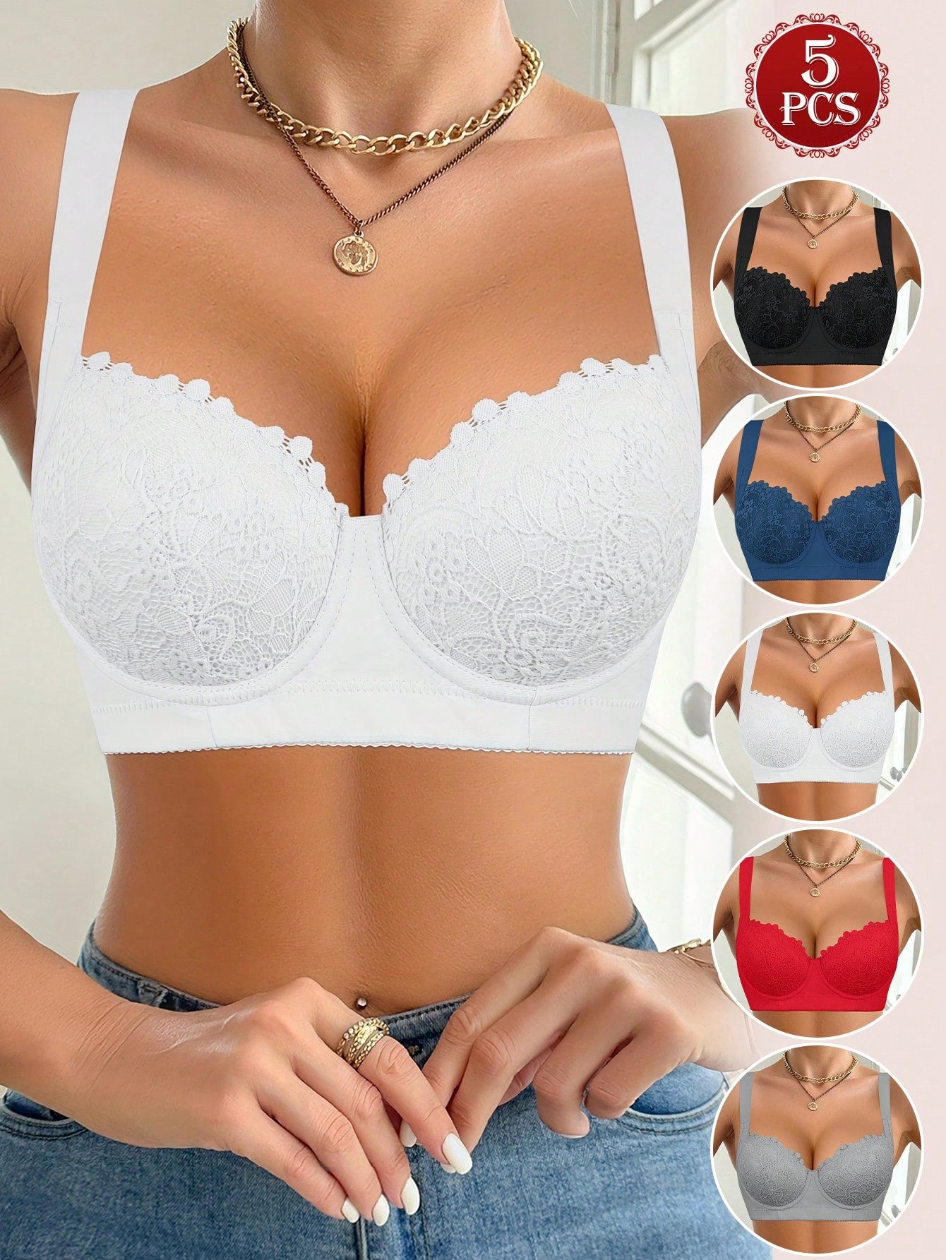 5pcs/Set Multicolor High Quality Sexy Lace Bras, Comfortable Underwire Push-Up Bras For Women