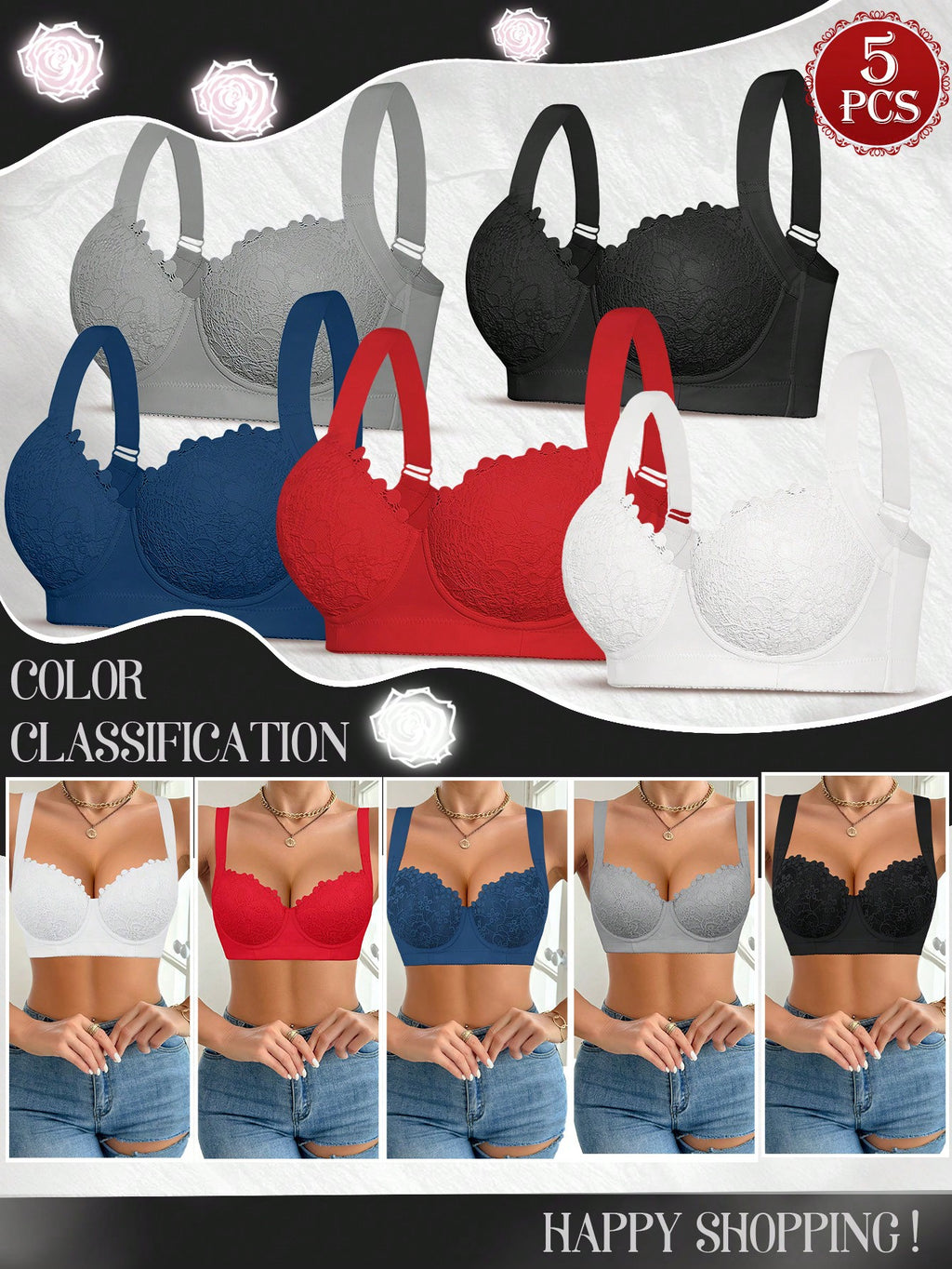 5pcs/Set Multicolor High Quality Sexy Lace Bras, Comfortable Underwire Push-Up Bras For Women