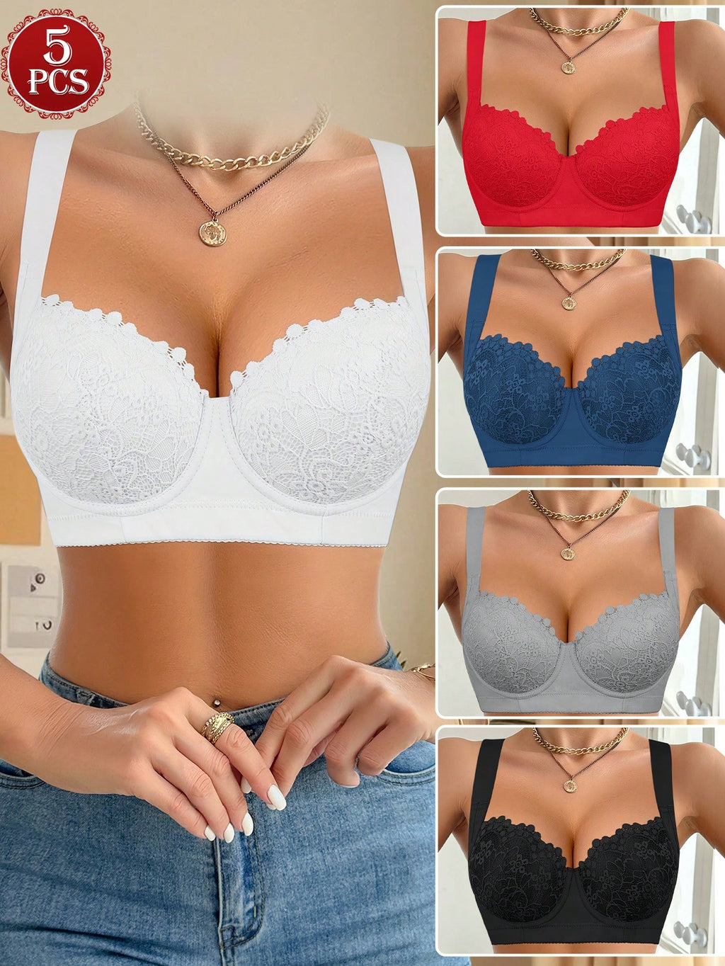 5pcs/Set Multicolor High Quality Sexy Lace Bras, Comfortable Underwire Push-Up Bras For Women