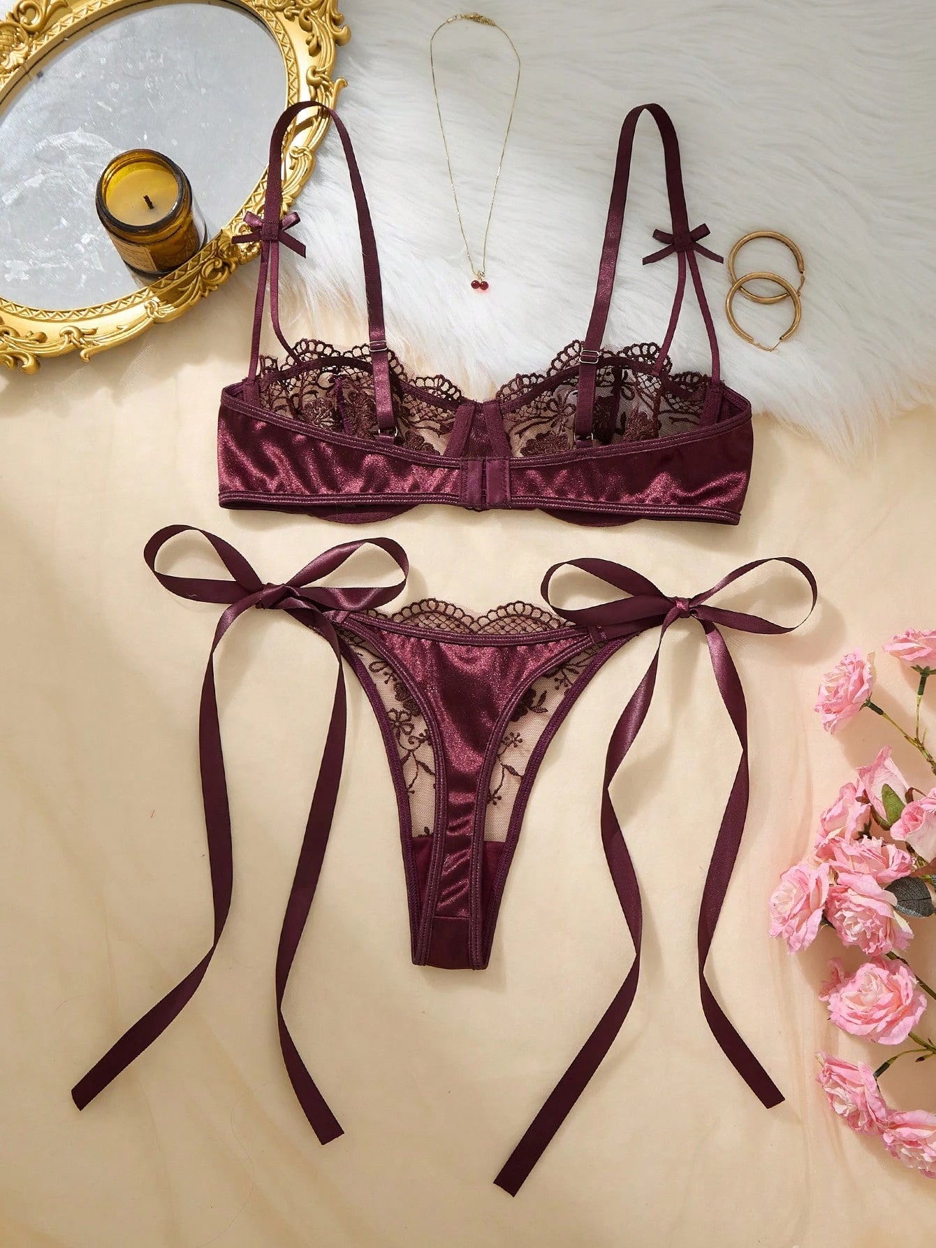 QuietHaus Women’s Burgundy Embroidered Lace-Up Lingerie Set – 2 Pcs
