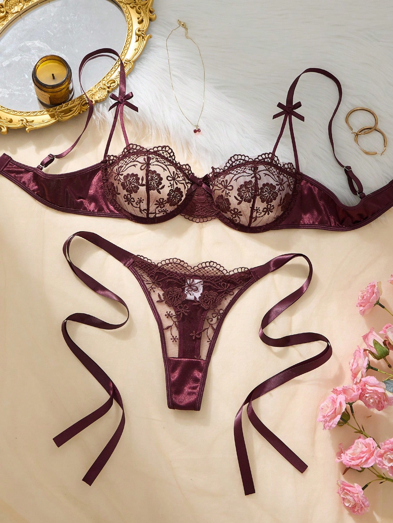 QuietHaus Women’s Burgundy Embroidered Lace-Up Lingerie Set – 2 Pcs
