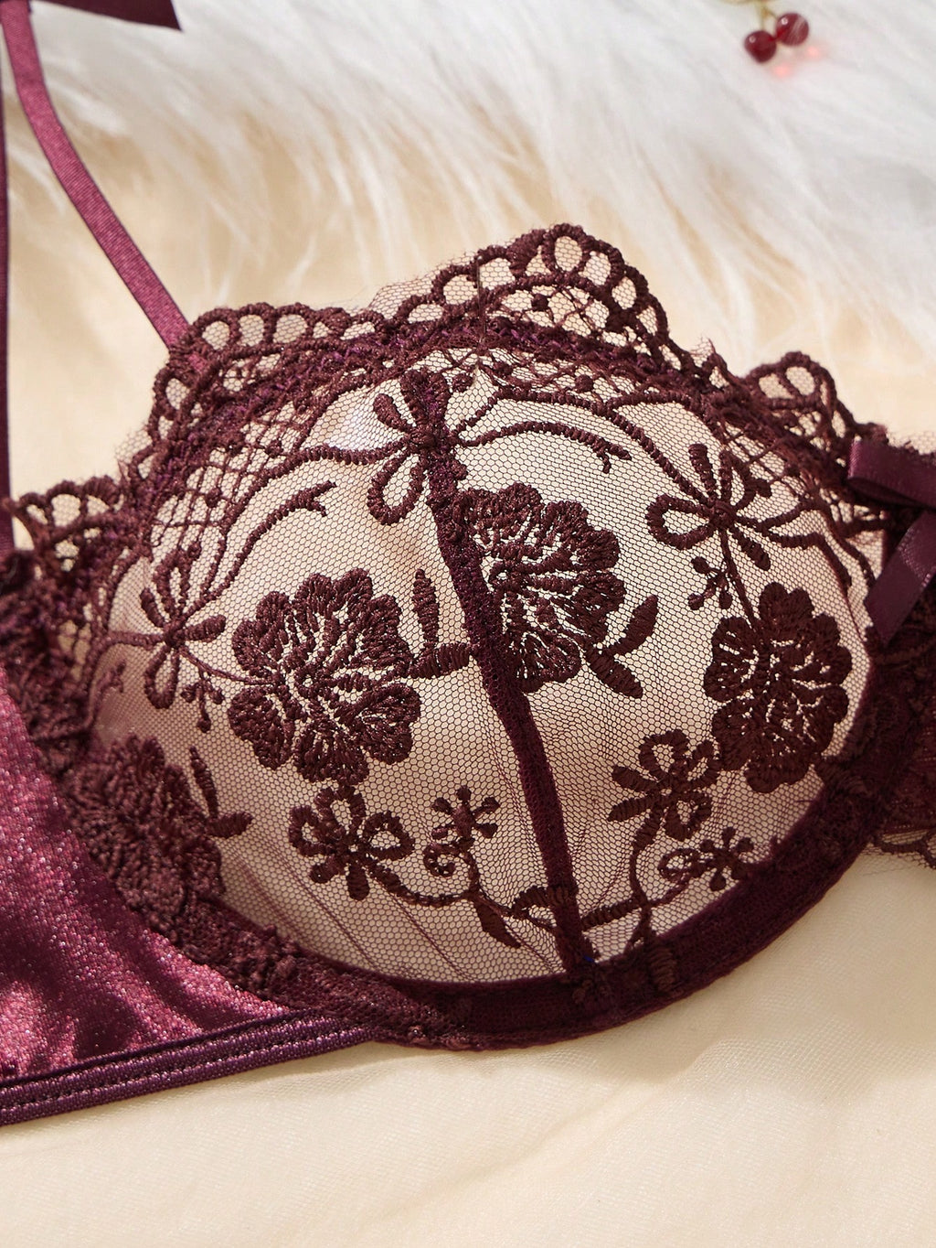 QuietHaus Women’s Burgundy Embroidered Lace-Up Lingerie Set – 2 Pcs