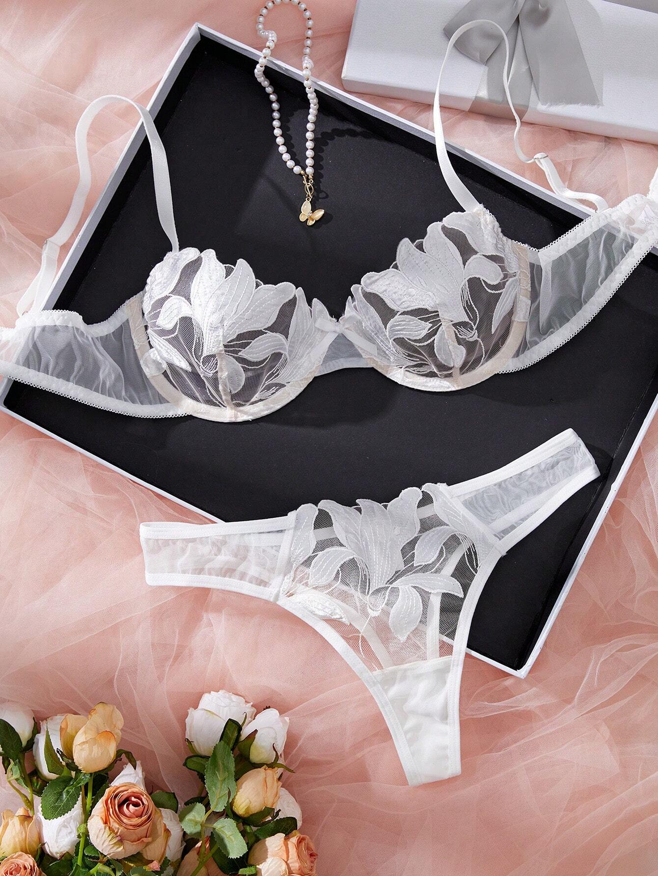 Women’s White Floral Lace Lingerie Set – 2 Pcs