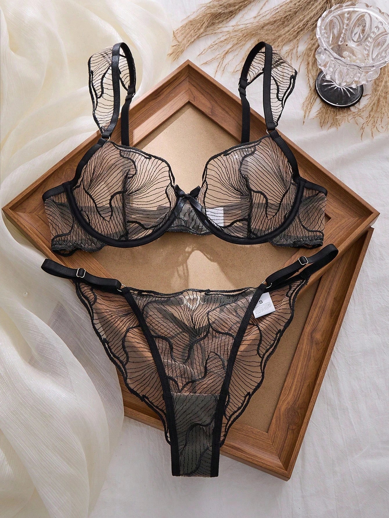 Esselle Women’s Black Sheer Embroidered Lingerie Set – 2 Pcs