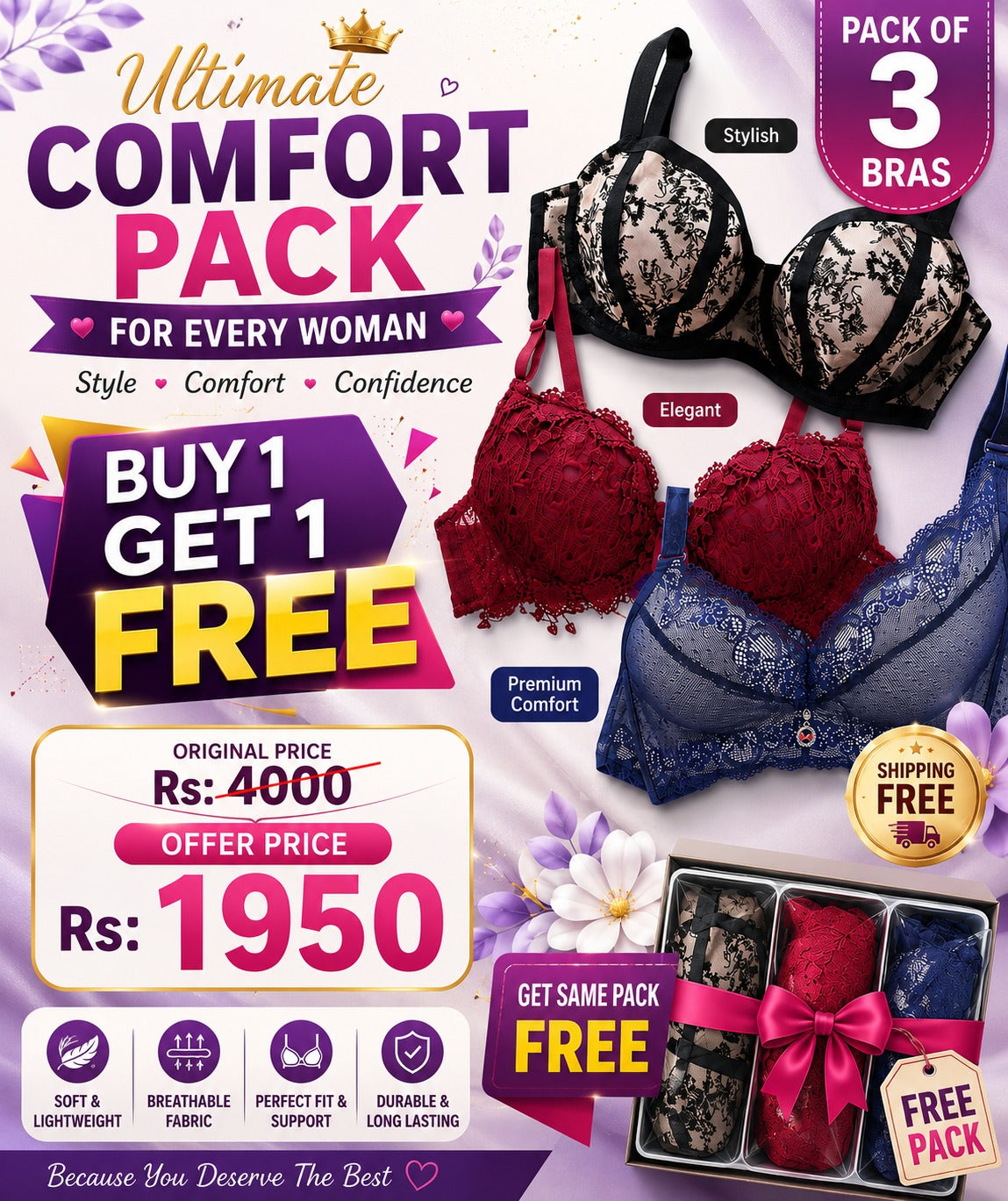 Buy 1 Pack get 1 Pack Free - Total 6 Pieces Bra Set Just in 1950