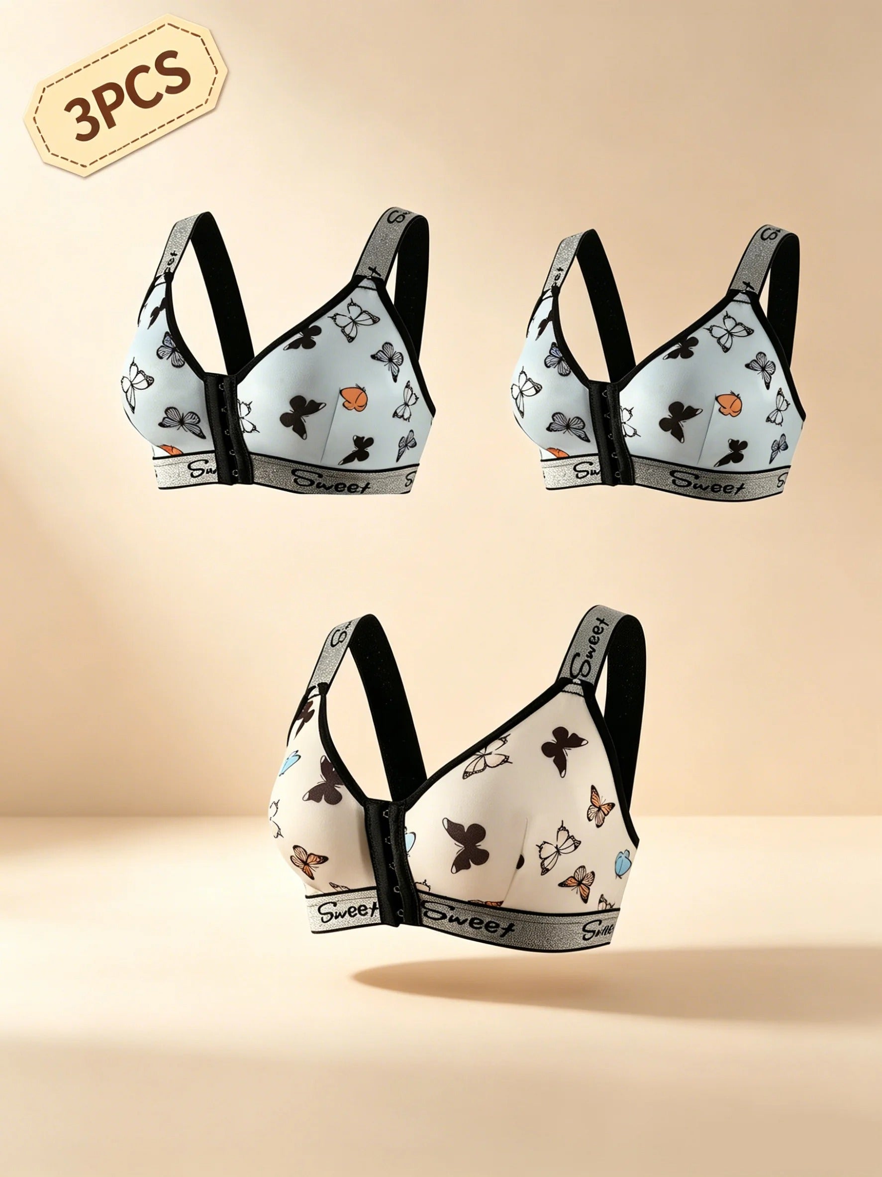 3pcs Women's Underwear Set, Multi-Color Front Closure Bra