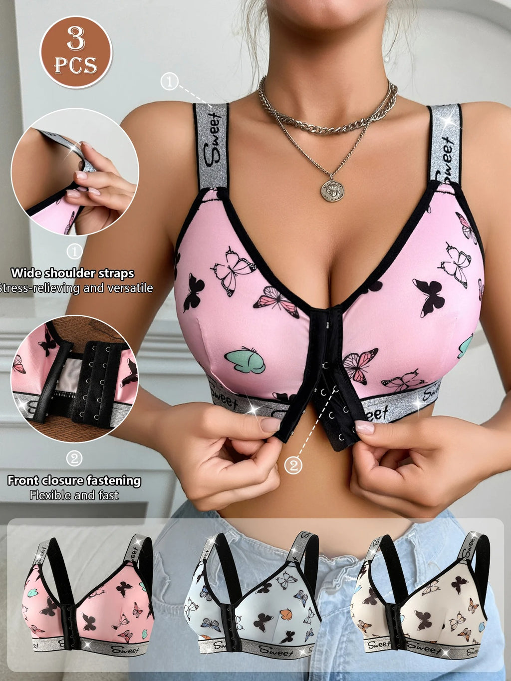 3pcs Women's Underwear Set, Multi-Color Front Closure Bra