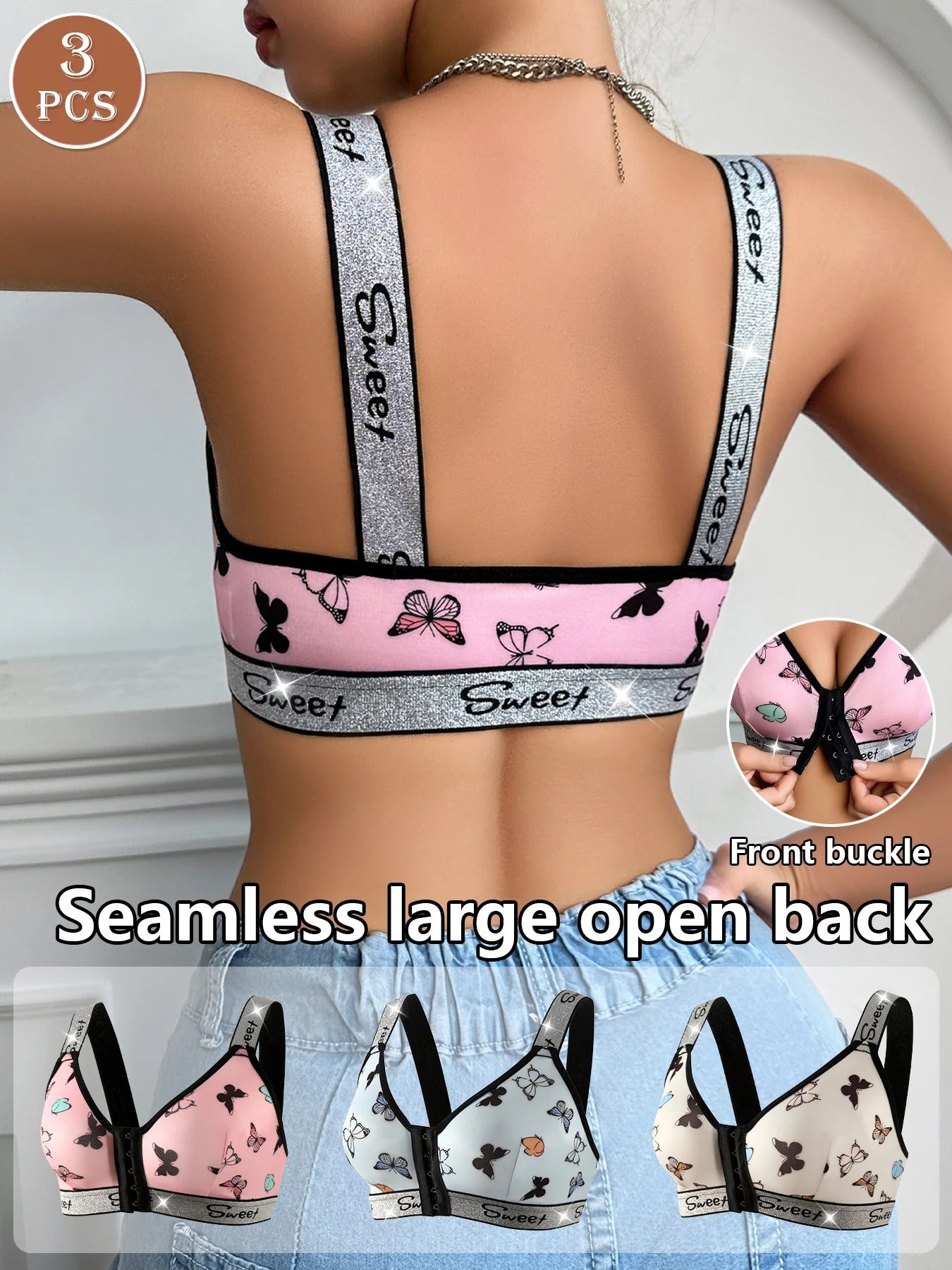3pcs Women's Underwear Set, Multi-Color Front Closure Bra