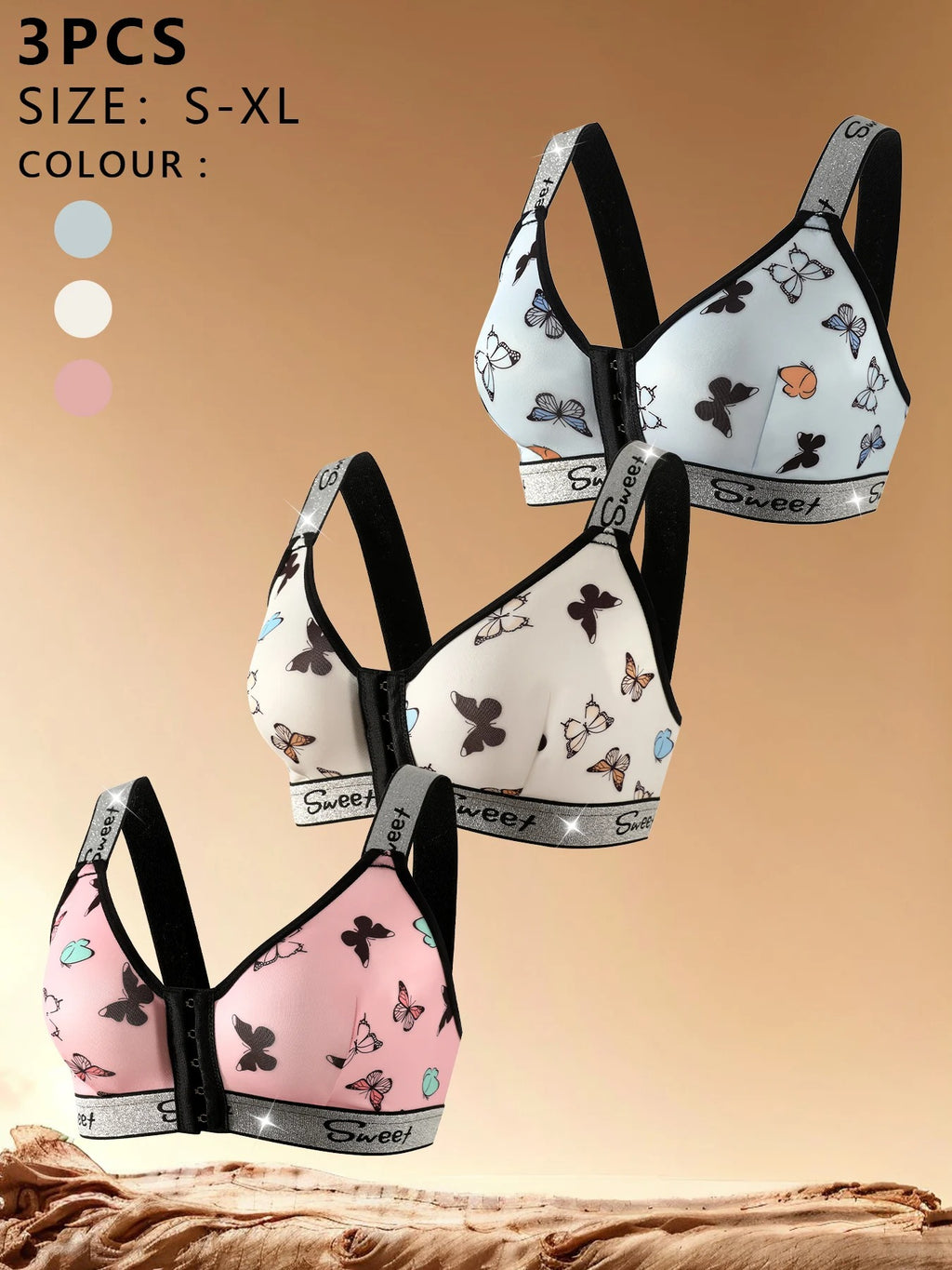 3pcs Women's Underwear Set, Multi-Color Front Closure Bra